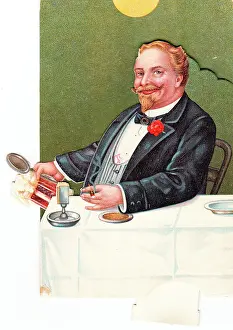 Froth: Man at a table on a comic greetings card