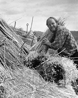Thatching: Man thatching a roof, Colyford, East Devon