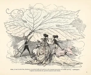 Crinolines: Man throwing away a huge fig leaf in front of