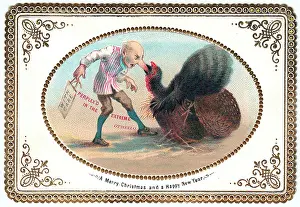 Man with a turkey on a comic Christmas and New Year card