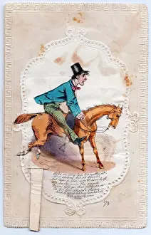 Unruly: Man on an unruly horse on a comic greetings card