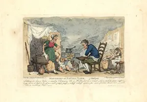 Miseries: Man using bellows in front of a fire in a smoky room