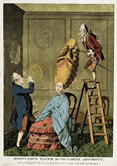 Amusing: Man Using Sextant on Woman's Coiffure, 1771