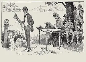 Humerous: Man on Vacation surrounded by Office Equipment