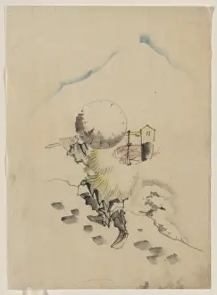 Dipper: A man, wearing a conical hat, a straw or feather outer garme