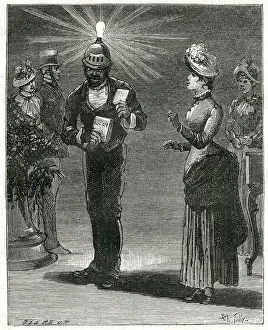 Prospectus: Man wearing Edison's electric lamp on his head, Philadelphia