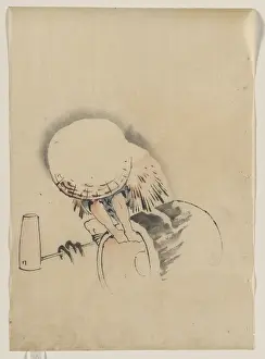 Handled: A man, wearing a large conical hat and a straw or feather ga