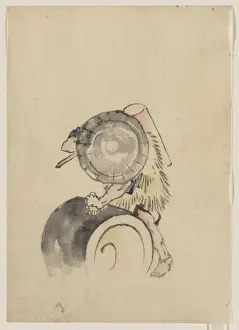 Handled: A man, wearing a large conical hat and a straw or feather ga