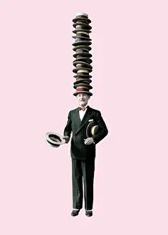 Salesmen: Man wearing a tower of straw boater hats