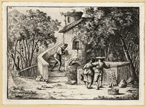 Master Painter: Man writing graffiti on a tower wall from a staircase