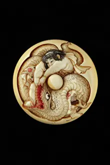 Malachite: Manju netsuke - Kintaro wrestling with a snake