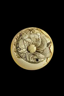 Kintoki: Manju netsuke - Kintoki with a huge carp