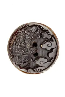 Casein: Manju netsuke - Mongaku beneath a waterfall