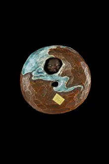 Overglaze: Manju netsuke, Raijin the Thunder God peering through clouds