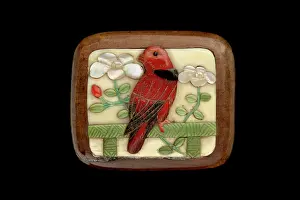 Netsuke: Manju netsuke with a Scarlet Finch on a perch - Reverse