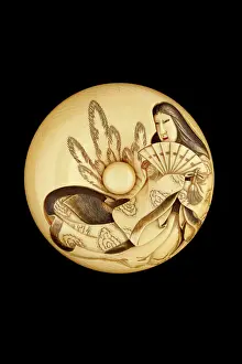 Naomitsu: Manju netsuke - Tamamo no Mae, with Nasu Moor on the reverse