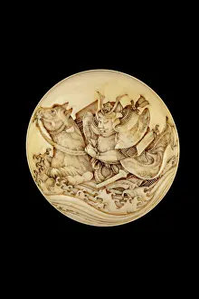 Manju: Manju netsuke - warrior racing through a river on horseback
