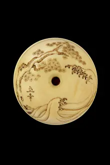 Netsuke: Manju netsuke - warrior racing through a river on horseback