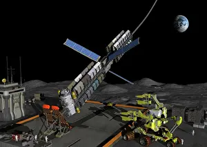 Anchored: A manned lunar space elevator prepares to depart from its ?