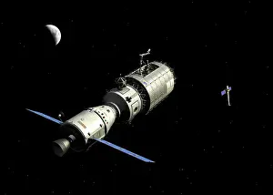 Satellites: A manned orbital maintenance platform approaches the ?