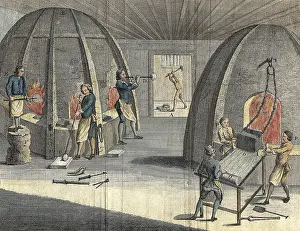 1760: Manufacture of crown glass by blowing (left) and