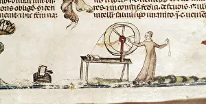 Distaff: Manuscript Royal 10 E. (14th c.). Distaff. Gothic