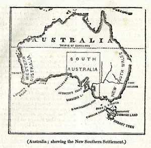 Tasmania: Map of Australia showing the New Southern Settlement