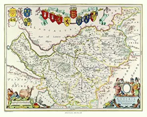 Shields: Map of Cheshire by Johan Blaeu