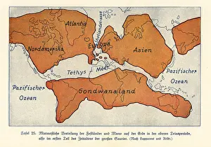 Leben: Map of the continents and seas in the Upper Triassic