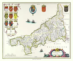 Shields: Map of Cornwall by Johan Blaeu
