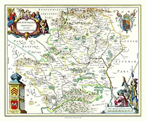 Shields: Map of Hertfordshire by Johan Blaeu