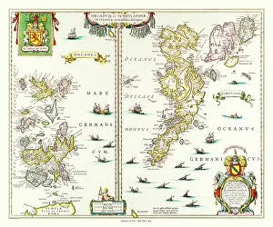 Shields: Map of the Orkney and Shetland Islands by Johan Blaeu
