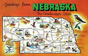 Nebraska: Map postcard - Greetings from Nebraska, USA