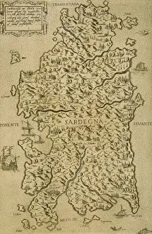Sardinia: Map of Sardinia. Mediterranean Sea. Italian engraving. 16th