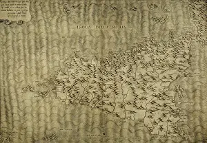 1545: Map of Sicily. Mediterranean Sea