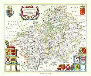Shields: Map of Worcestershire and Warwickshire by Johan Blaeu