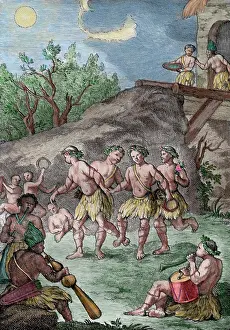 Bridal: Mapuches. Bridal dance. Engraving, 18th century. South Ameri