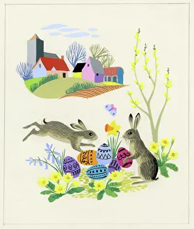 Primroses: Two March Hares with Easter Eggs