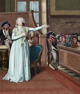 Habsburg: Marie Antoinette (1755-1793) before the court. Engraving. Co