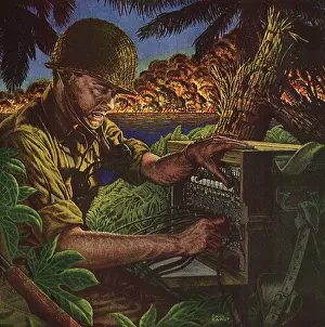 Radios: Marine Operates Portable Switchboard during Pacifc Battle