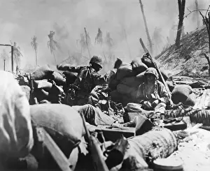 Tarawa: Marine about to throw a hand grenade at a Japanese