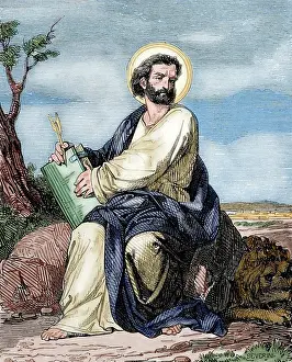 Evangelist: Mark the Evangelist. Engraving. Colored