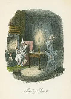 Dickens: Marley's ghost appearing to Scrooge. Illustration