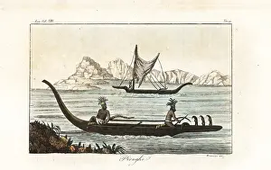 Outrigger: Marquesas Islanders in war pirogues or outrigger canoes