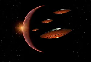 Evacuation: Martians evacuating their homeworld, Mars, in flying saucers