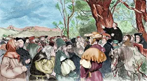 Preacher: Martin Luther (1483-1546) preaching in Mora. Engraving. Colo