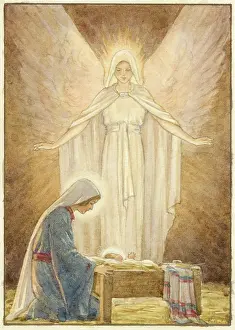 Halos: Mary with Jesus in crib and Angel behind