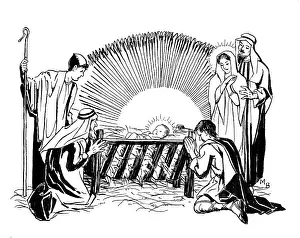 Storycard: Mary, Joseph and three shepherds at the crib
