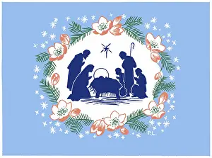 Lynes: Mary, Joseph and shepherds around Holy Crib