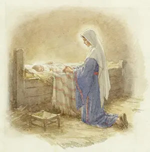 Mangers: Mary kneeling by Jesus in the manger